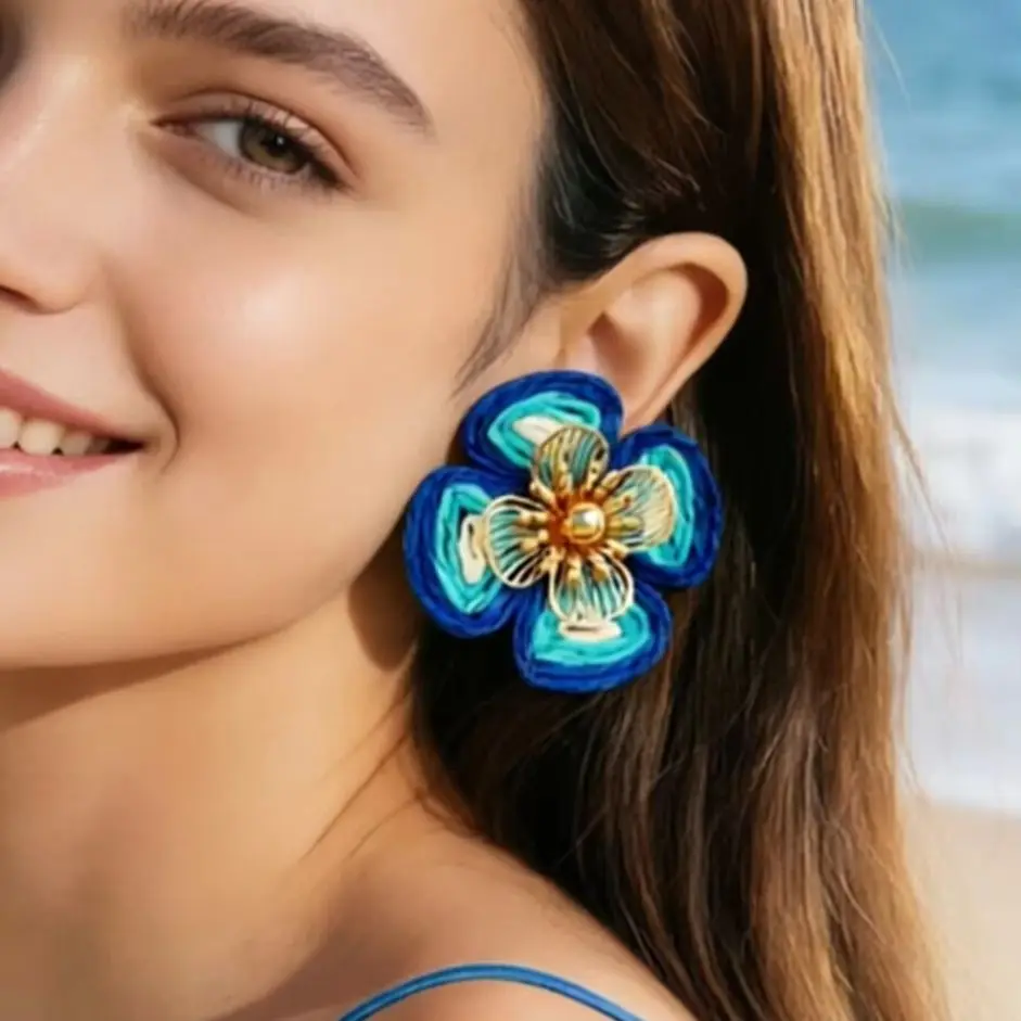 Tocona Fashion Multi Color Braided Lafite Grass Flower Pendant Earrings for Women's Summer Vacation Jewelry Accessories