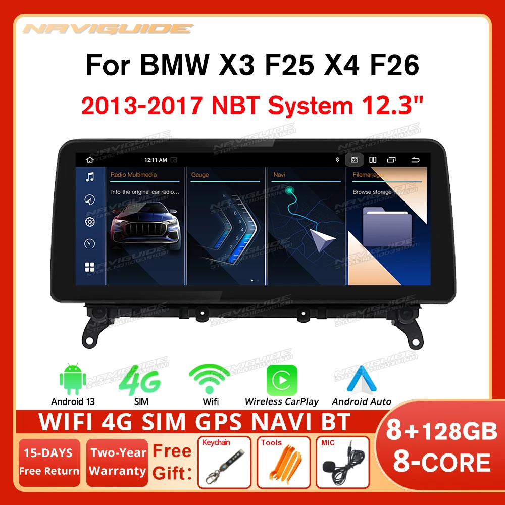 NAVIGUIDE 12.3'' For BMW X3 F25 X4 F26 2013-2017 NBT Susytem Android 13 Car Radio GPS Carplay Multimedia Navigation Player WIFI