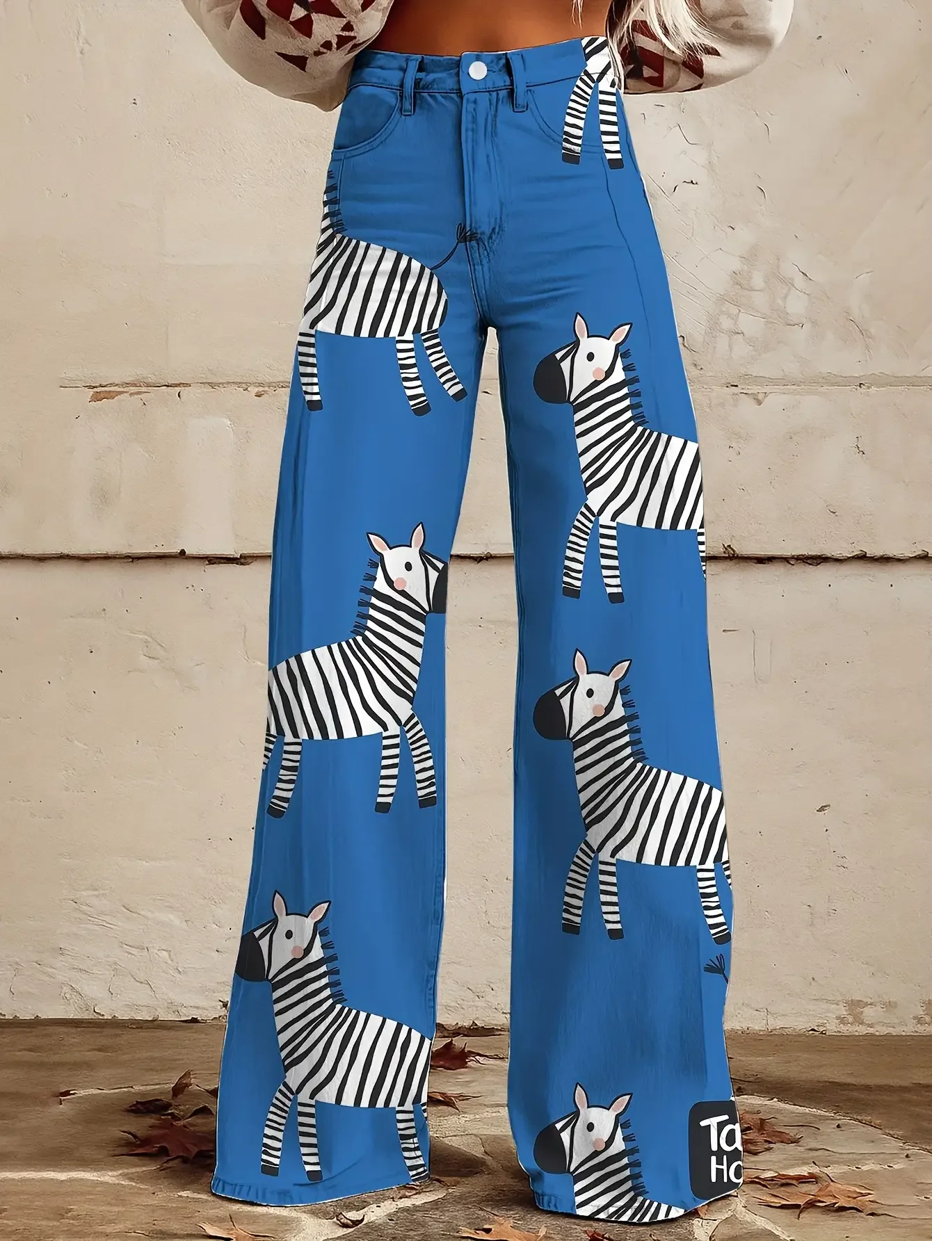 

2026 Women's printed geometric pattern wide leg imitation jeans, Ground length winter pants