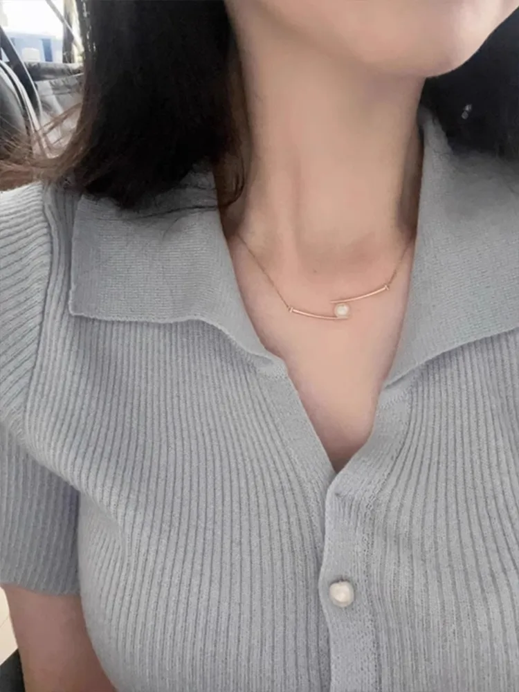 블루 폴로넥 아이스 실크 반팔 니트 탑 여성용 얇은 여름 스몰 사이즈 어깨 V넥 티셔츠 한국 스타일 슬림핏