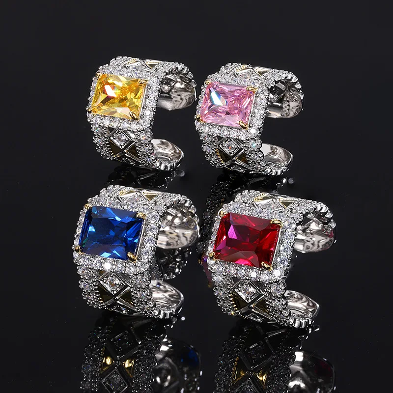 

European and American Style Square Colorful Zircon Ring Exaggerated Personality Pink Zircon Ring Red Corundum Jewelry Ring