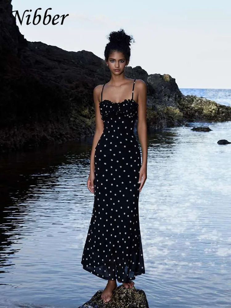 Nibber Summer Trend Slash Neck Dress Women Polka Dots Print Spaghetti Strap Solid Skinny Elegant Clubwear Maxi Bodycon Vestidos