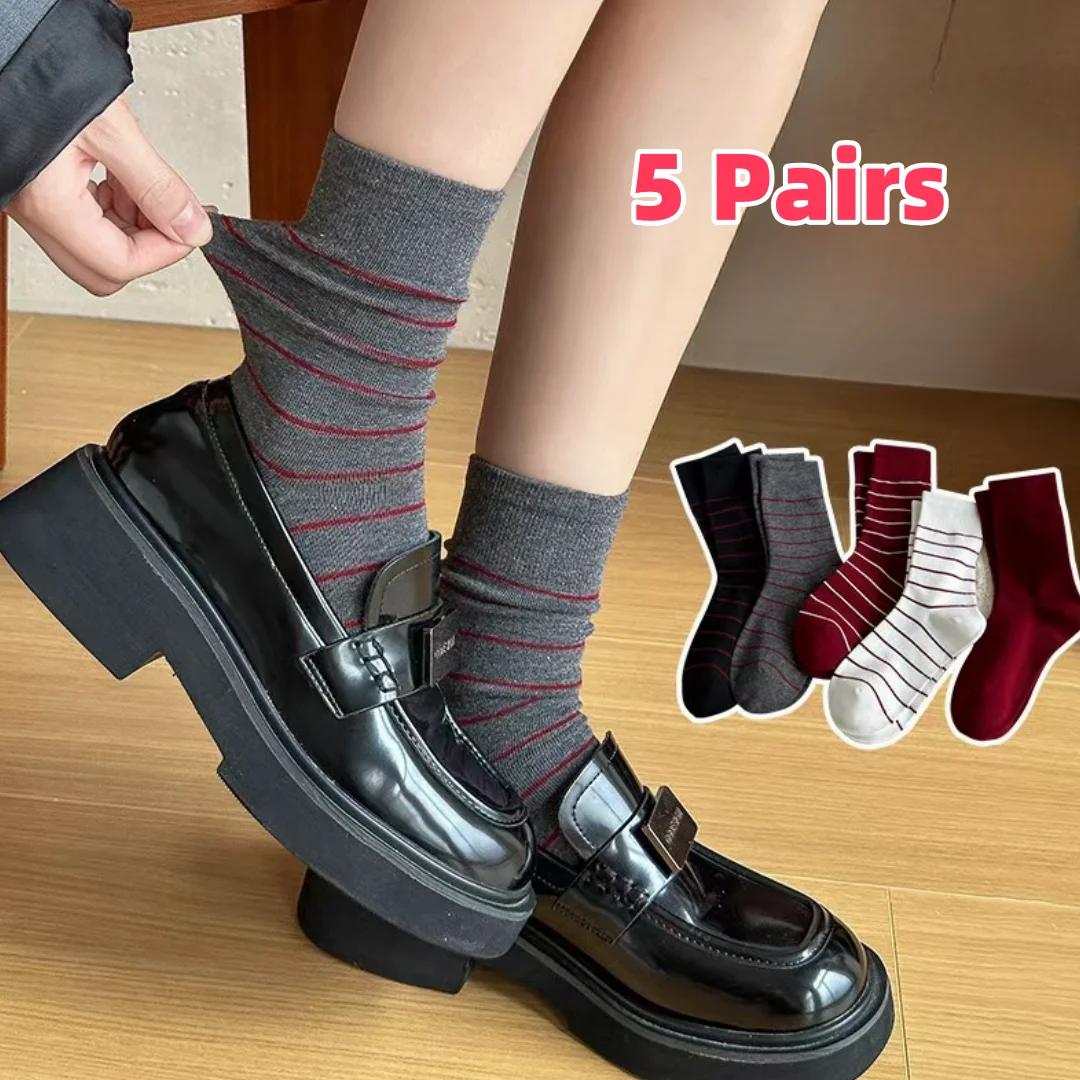 

5 Pairs of Stripes Simple Fashion Mid-Calf Socks For Women Sports and Daily Wearing