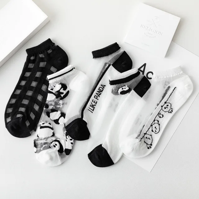 Casual Black White Woman Socks Animal Cartoon Cute Crystal Silk Socks Panda Print Summer Sexy Lace Mesh Fishnet Ankle Boat Socks