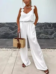 Summer Jumpsuit Women 3D Flower Solid Casual Strap Backless High Waist Fashion Jumpsuits Female Sleeveless Basic Holiday Romper