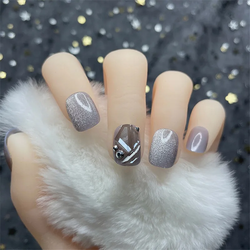 False Nail Ice Permeable Gray Stone Inlaid Cat Eye Short Women Nail  Products Showing White Temperament Nail Patch