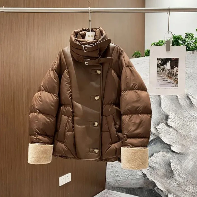 Winter Women Down Coats Streetwear Leather Jackets Short Puffer Jacket Fleece Thick Warm Windproof Outerwear Luxury Brand Parkas