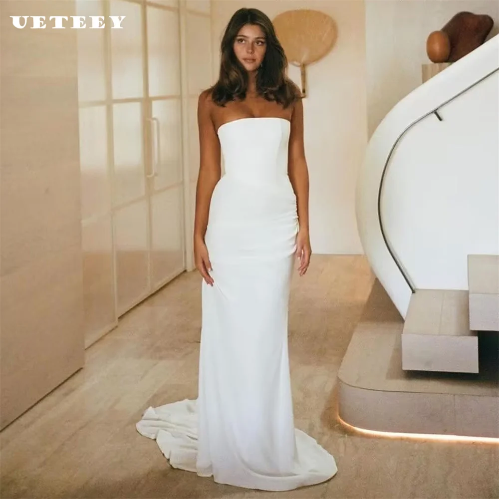 

UETEEY Simple Strapless Sleeveless Crepe Mermaid Wedding Dress Zipper Back Floor Length Court Train Bridal Gown Custom Made