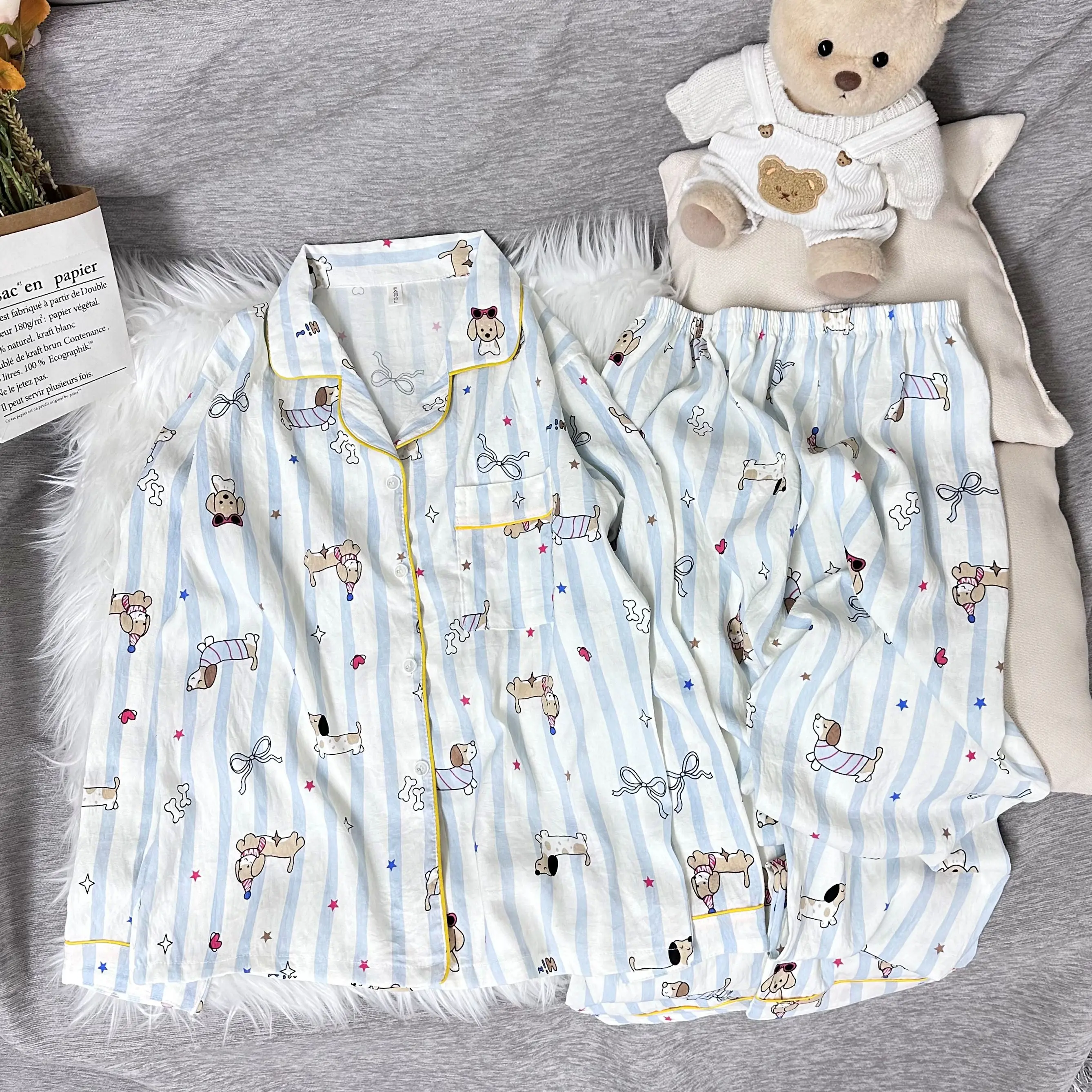

Kawaii Cartoon Printed Pajama Set Women Long Sleeve Plaid Sleepwear Home Clothes Cute Soft Comfortable Loungewear Autumn Winter