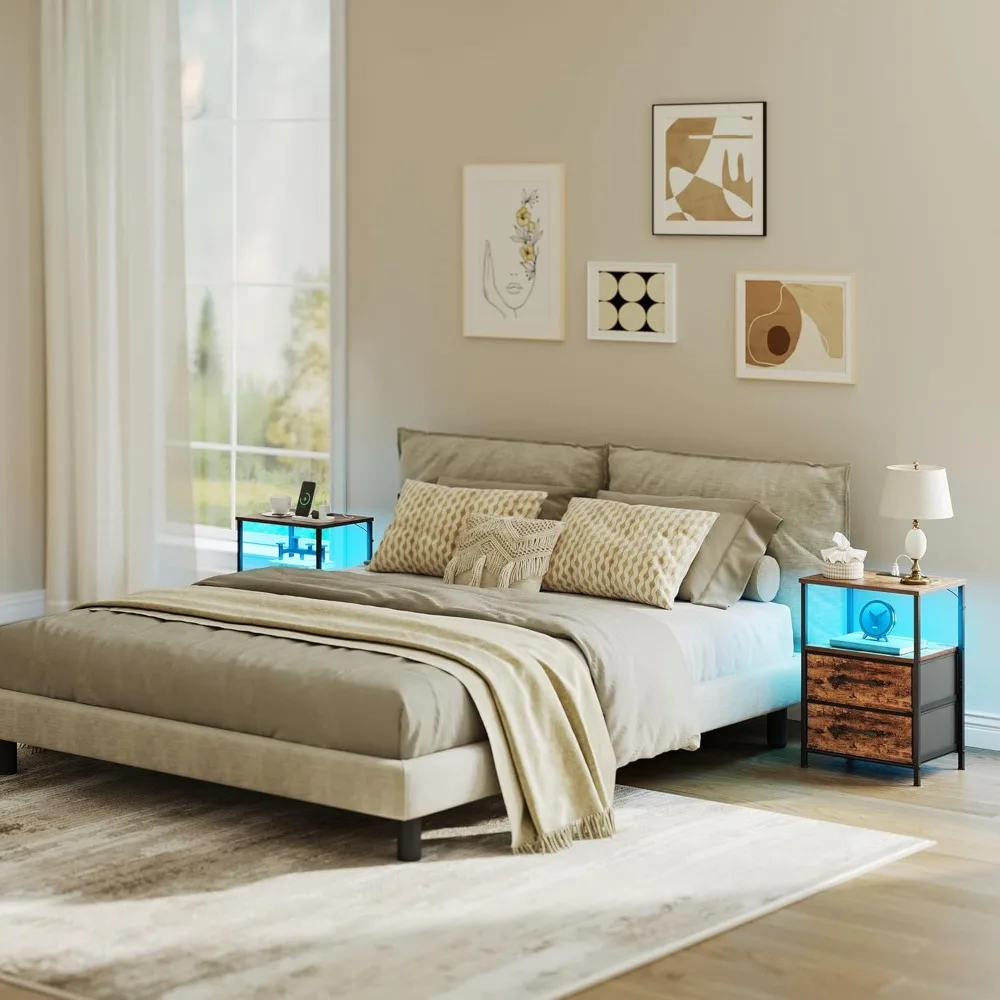 طقم منضدة مكونة من قطعتين، حامل ليلي مع قاعدة شحن وأضواء LED، طاولة بجانب السرير مع درجين قماشين لغرفة النوم، مقاس صغير