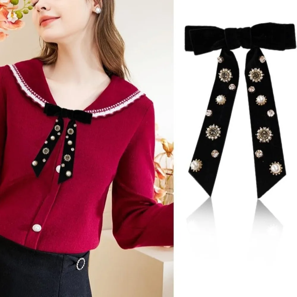 

Womens Retro Velvet Ribbon Bow Tie brooch Necktie Rhinestone Preppy Neck Tie Brooch Pin Collar Jewelry for wedding Party