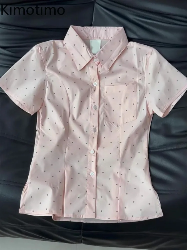 Kimotimo Summer Polka Dot Short Sleeve Shirt Women Sweet Slim Lapel Button Up Crop Top Preppy Style Y2k Aesthetic Blouse Blusas
