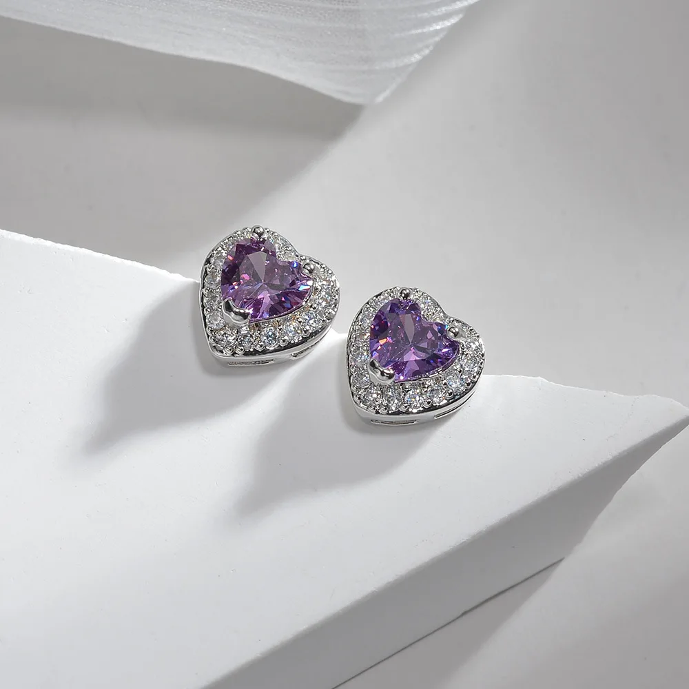 

Ruby Powder Zirconium Themed Earrings Heart Pink Purple S925 Sterling Silver Jewelry Free Shipping Women Grils Ladies
