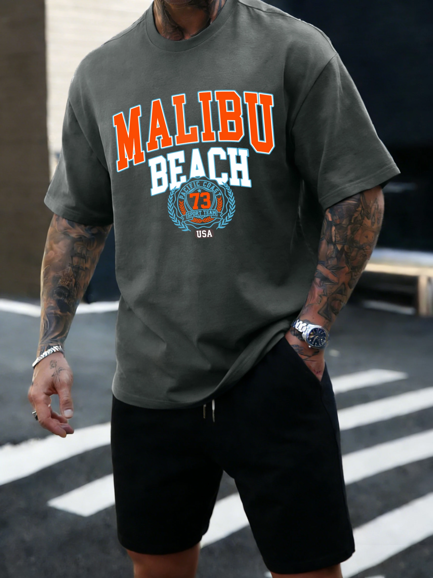 Malibu Beach 73 Usa Printing T-Shirt Herren-T-Shirts aus Baumwolle mit O-Ausschnitt, Sommer-Basic-Kleidung, lässig, trendig, All-Match-Kurzarm