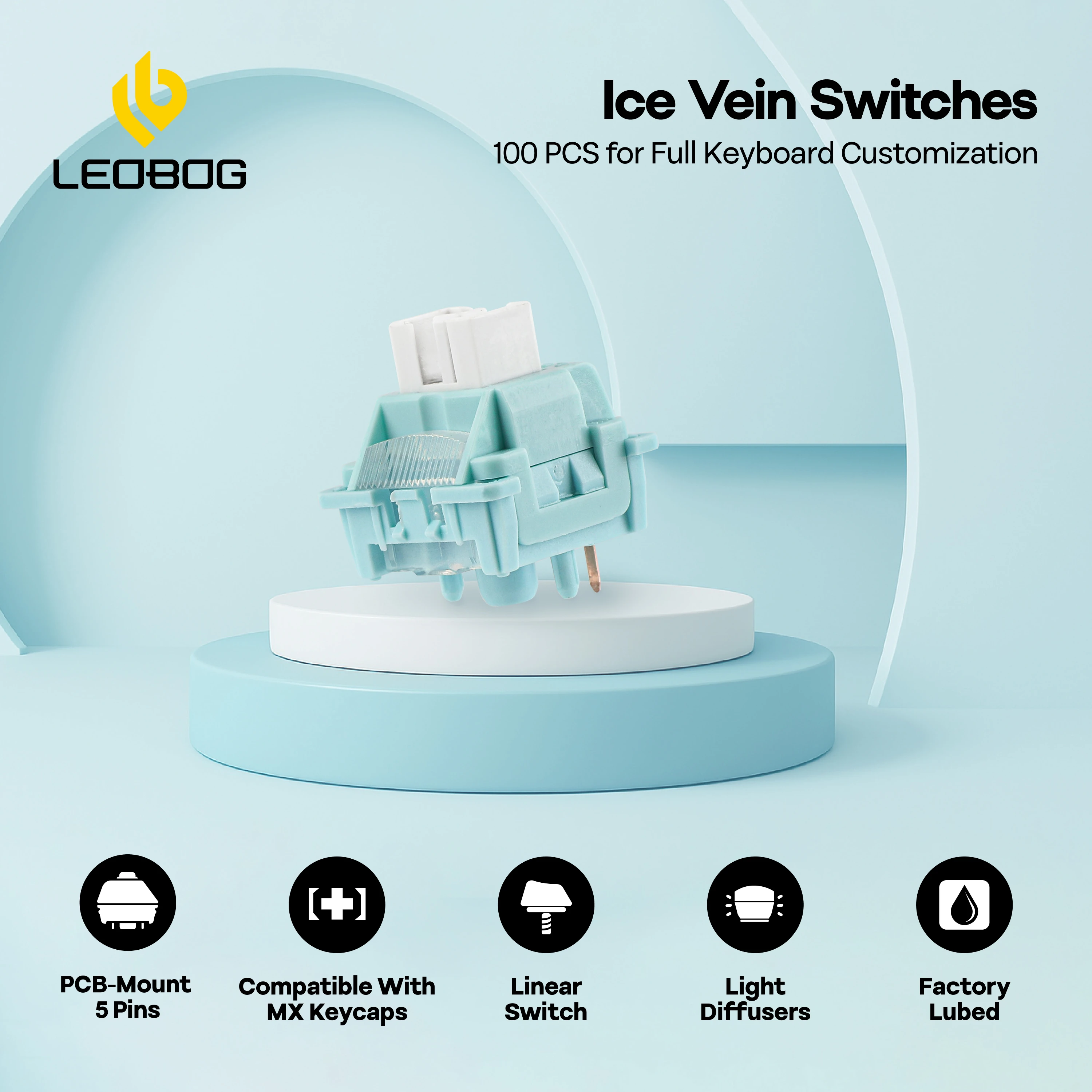 100PiecesLEOBOGIceVein42gf5-PinPre-LubedLinearMechanicalKeyboardSwitcheswithPOMStemLightDiffuserforMXKeycaps