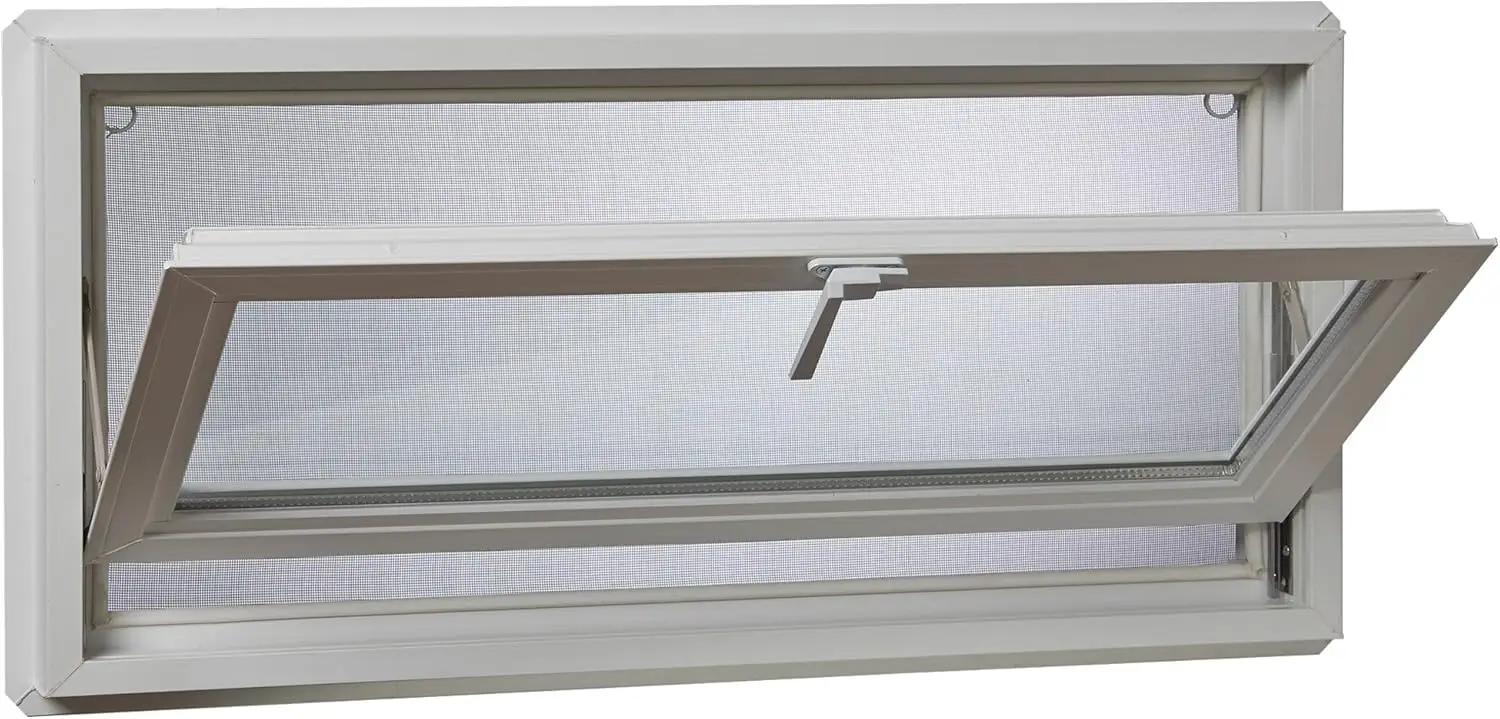 Vinyl Basement Hopper Window, 32" x 18", White & Window