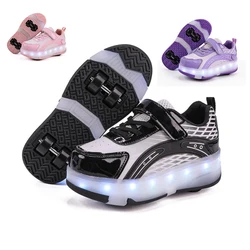 2024 Children LED Light Leather Shoes Boys Girls Roller Skates Shoes Soft Sole Comfortable Casual Four Wheels Sports Sneakers