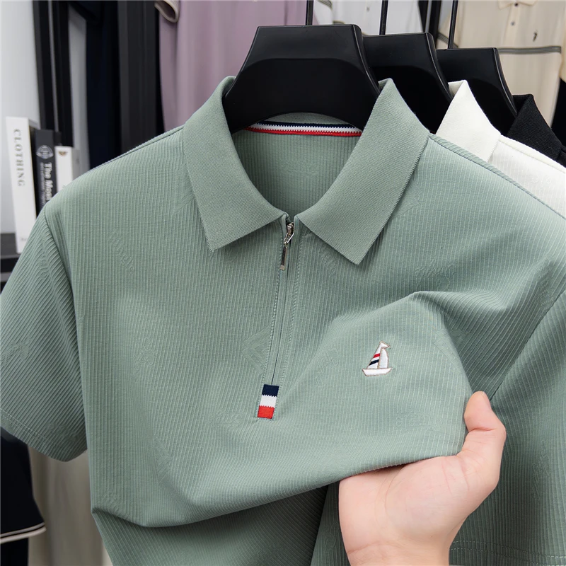 High end brand short sleeve polo shirt men's summer trend exquisite sailboat embroidery zipper lapel top Korean casual T-shirt