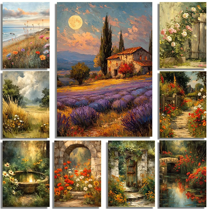 Retro Nostalgie Wildblumen Bauernhaus Dschungel Naturlandschaft Kunst Ölgemälde Poster Leinwanddruck Hotel Schlafzimmer Wanddekoration