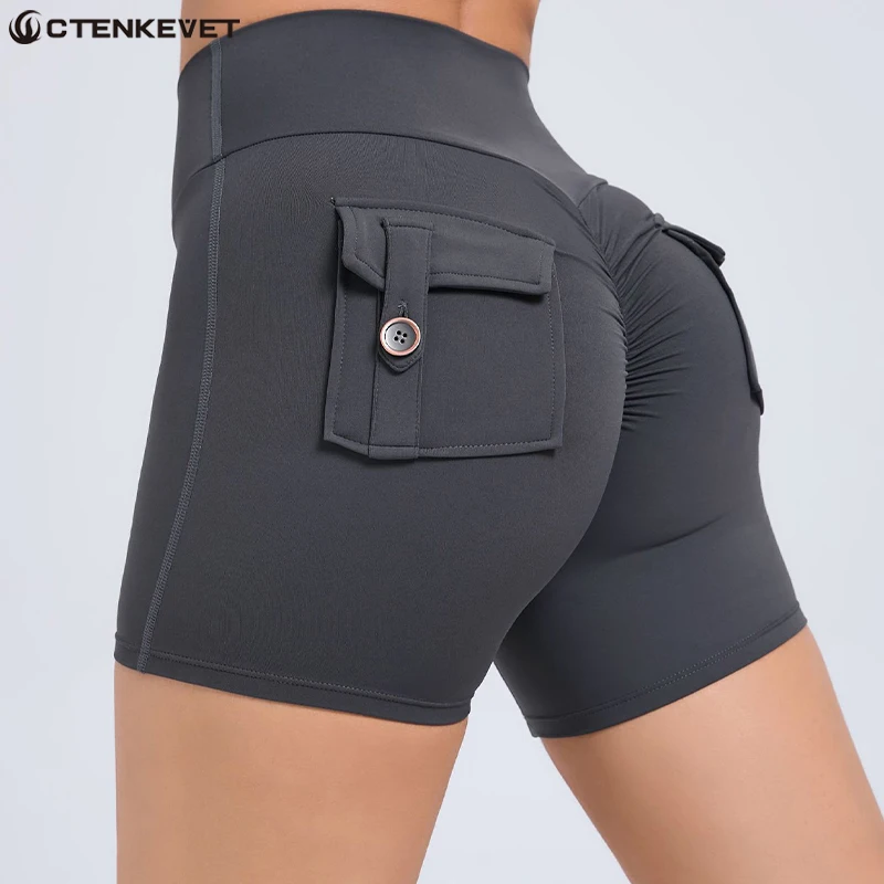 

Ctenkevet New High Waist Pockets Sports Shorts Women Gym Yoga Shorts Running Breathable Trunks Female Outdoors Casual Tight Pant