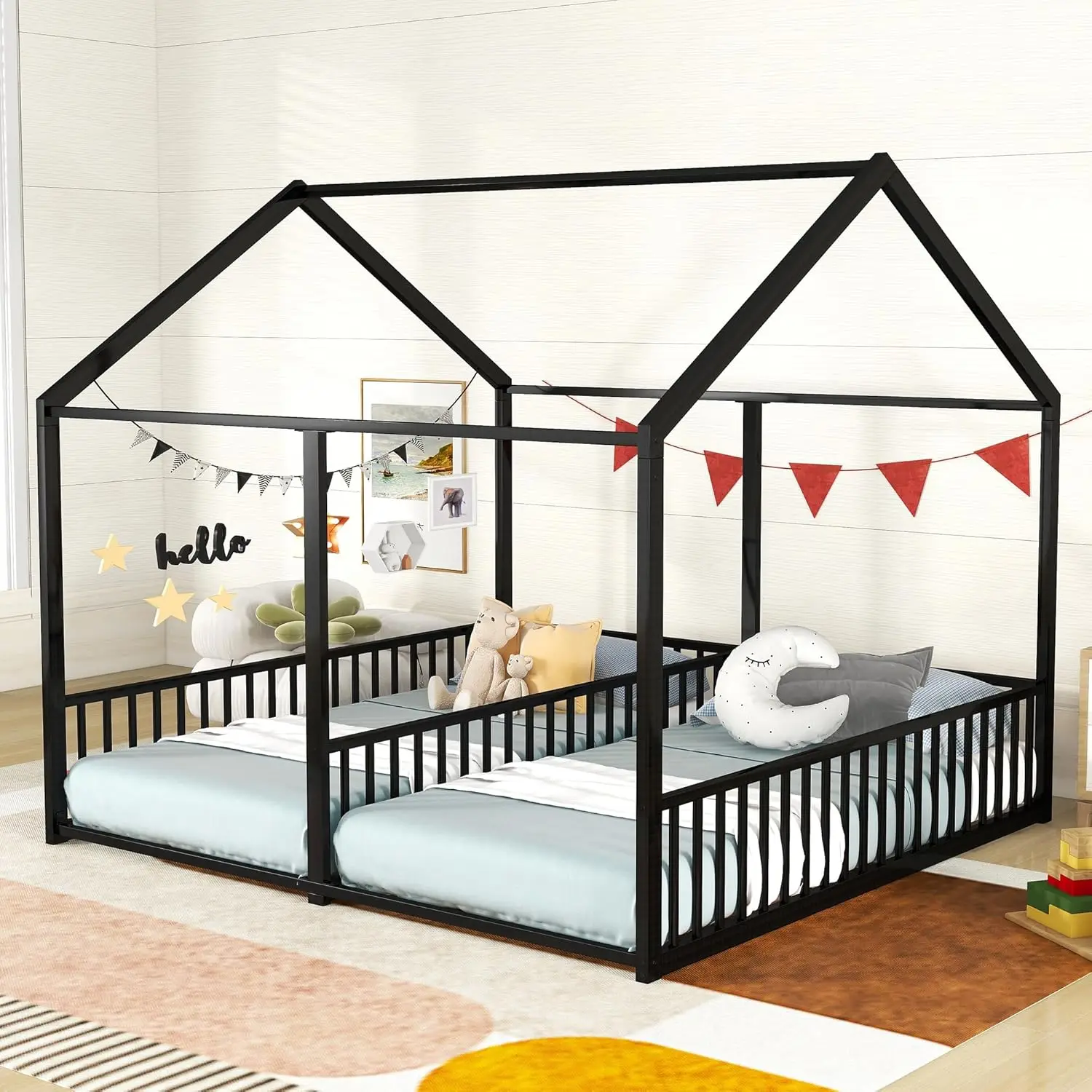 

Twin Size House Bed for 2 Kids, Metal Floor Bed Frame with Rails (Black)