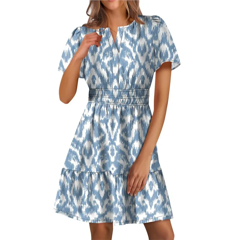 

Women's 2025 New Summer Print & Solid Color Elegant Short Sleeve Dresses V-neck Pleated Robe Casual Lady Knee-length Beach Dress