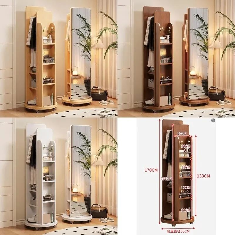 Rotating Hanger with Full Body Mirror Mobile Floor Stand Storage Rack Suitable for Entrance Hallway