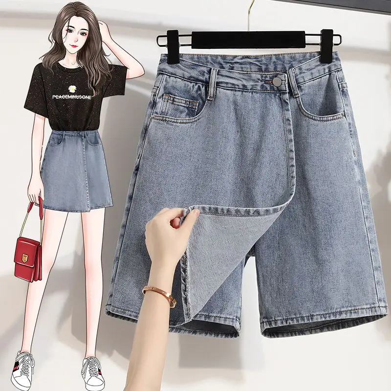 High Waisted Denim Shorts Spicy Girl Large Size Summer Baggy Thin A Line Fake Two Pieces Blue Skirt Pants Free Shipping Clothes