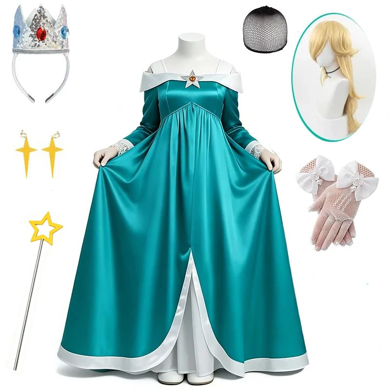 Princess Rosalina Cosplay Costume For Girls Lovely Green Dress Princess Crown Wand Set Halloween Party Carnival Outfits
