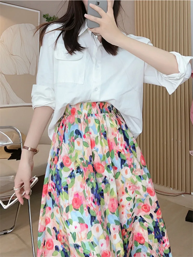 Faldas de cintura elástica con estampado dulce de algodón de longitud media para mujer, vestido holgado Vintage estilo Mori Girl de primavera