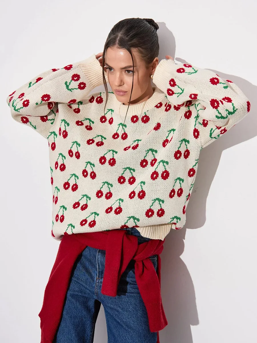 

Women's Cherry Jacquard Sweater Loose Fit Knit Top Sweet Vintage Pullover Drop Shoulder Warm Yarn Casual Fall Winter Tunic