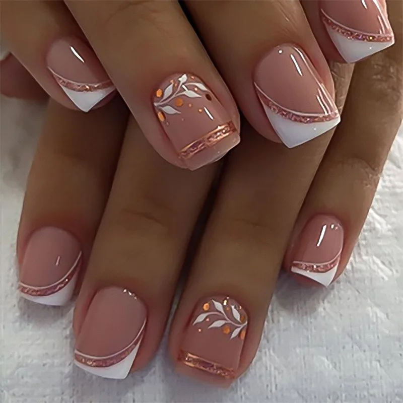 24 pçs cabeça quadrada de comprimento médio unhas falsas branco gradiente pó brilhante design imprensa em unhas falsas com padrão de flor dicas de manicure