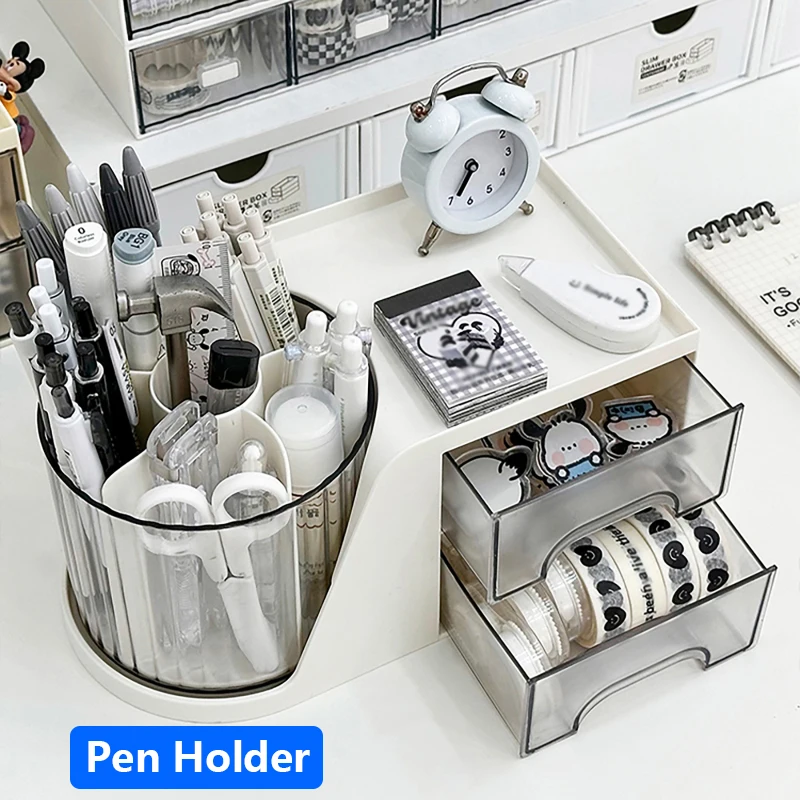 

2-in-1 Rotating Pen Holder with Drawers Large Capacity Storage Box Desktop Organizer for Books and Desktop Stationery Storage