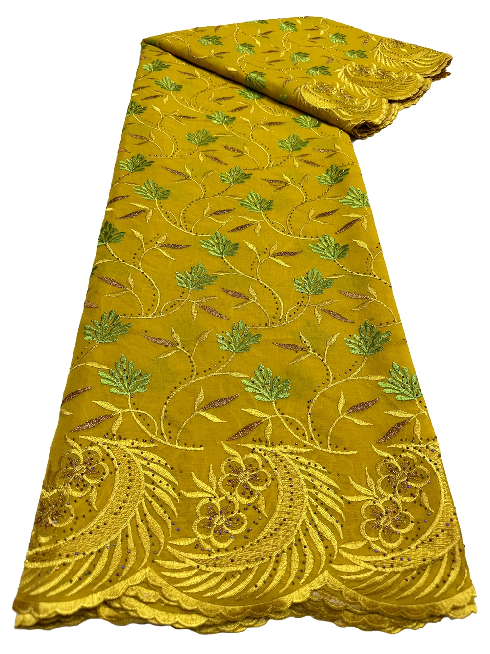 ナイジェリア産コットンレース生地、ストーン刺繍入り花柄スイスボイルレース、ブライダル、イブニングパーティードレス用