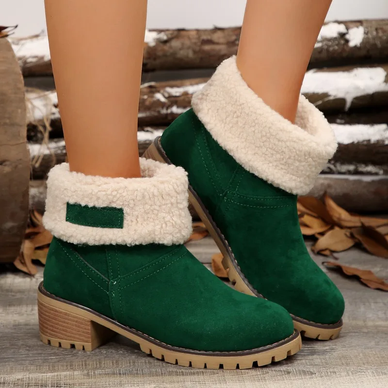 Autumn and Winter Fashion New Casual Comfortable Plus Velvet Warm Square Heel Round Toe Solid Color Women\'s Ankle Boots