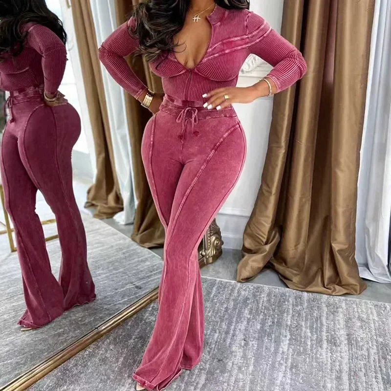 

Doyerl Ribbed Knitted Two Piece Set Women Fall Winter Clothes Striped Long Sleeve Zipper Jacket Top and Flare Pants Ensemble