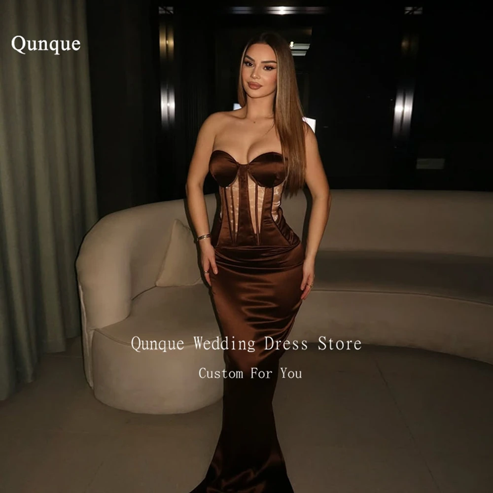

Qunque Sweetheart Floor Length Evening Dresses Brown Satin Pleated Mermaid Vestidos Para Mujer For Women Party Gowns Customized
