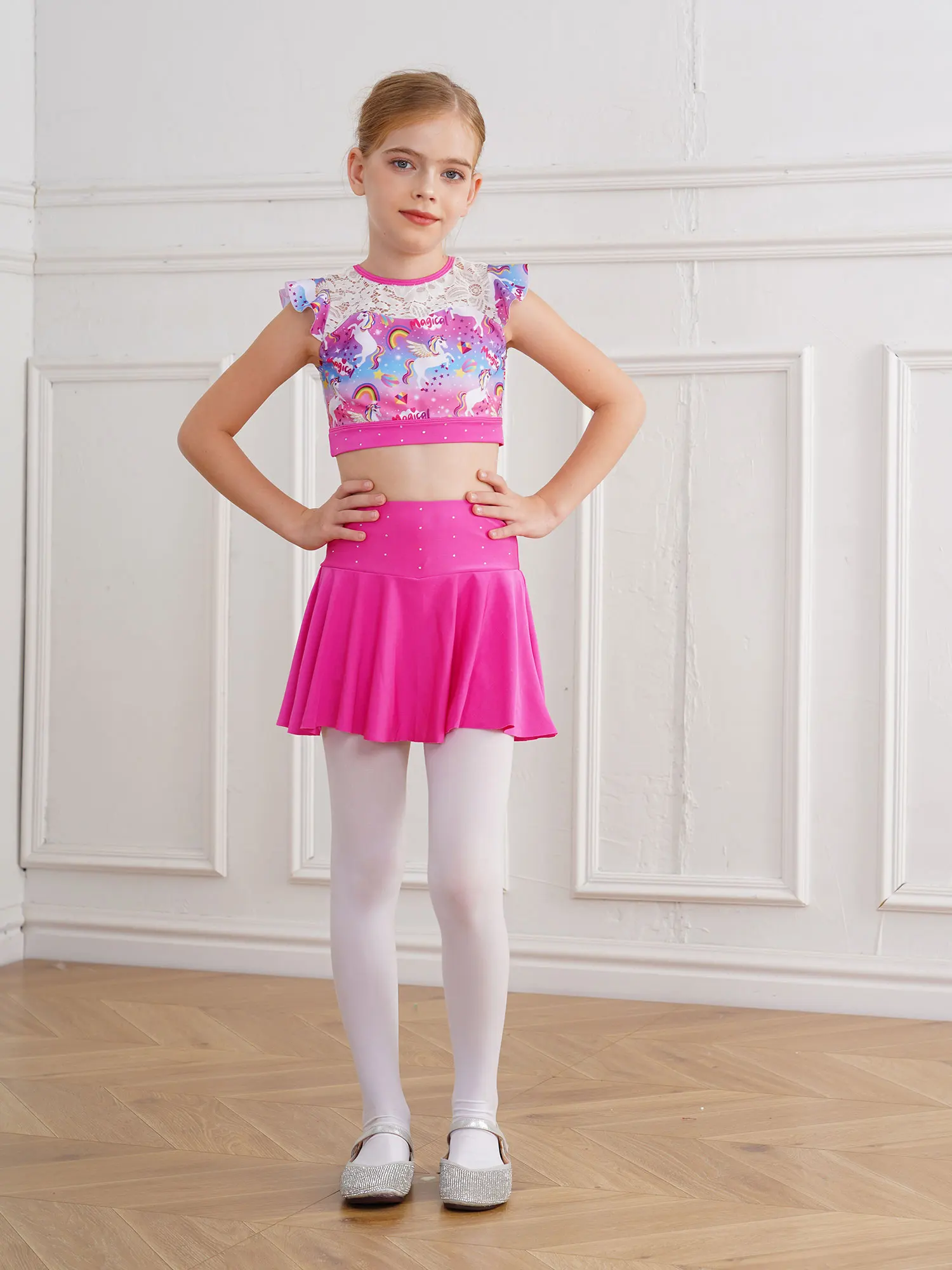 

Girls Ballet Dance Skating Gymnastics Outfits Hollow Lace Crop Tops with Athletic Scooter Skirt Cheerleading Workout Activewear
