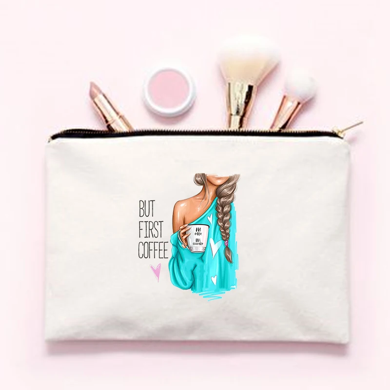 Women Fashion Travel Make Up Necessaries But First Coffee Print Cosmetic Bag Organizer Zipper Makeup Bag Pouch Toiletry Kit Bag