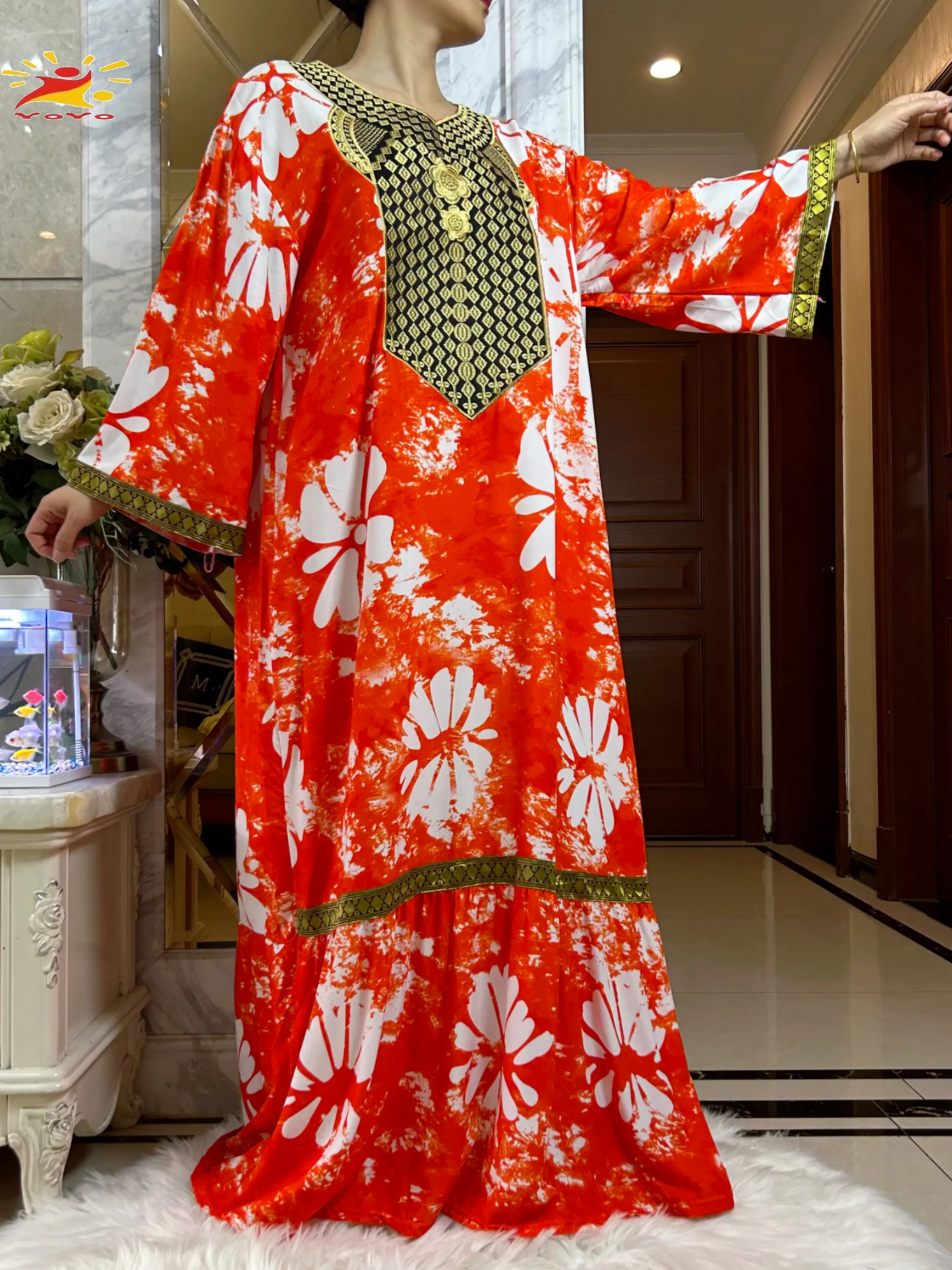 

2025 New Summer Long Sleeve Muslim Abayas For Women Elegant Dress Tie-dry Cotton Loose Fit Femme African Robe With Headscarf