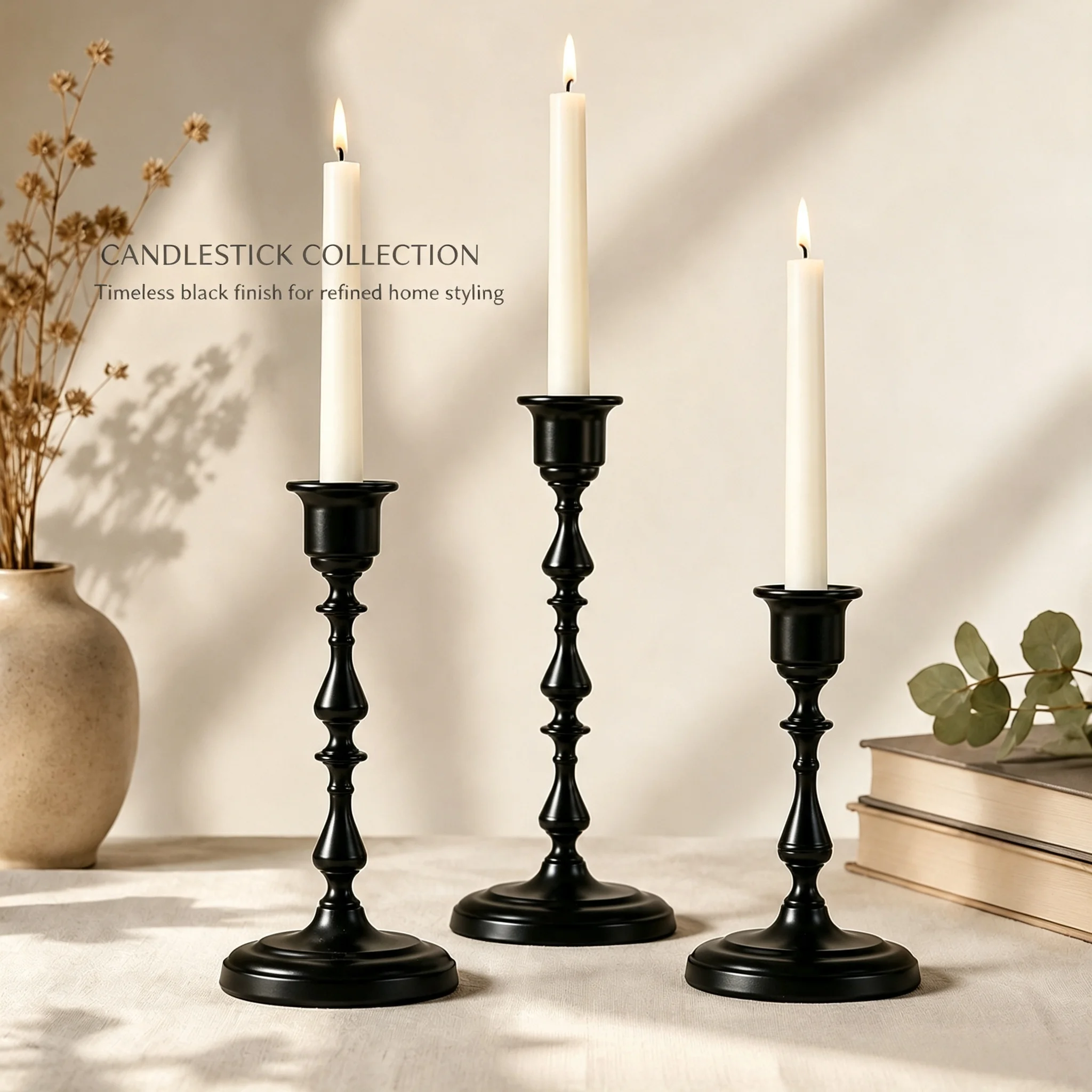 Retro Sculpted Black Candlestick Trio Graduated Height Design Candle Holder for Gothic Dinner Gathering Wedding Console Table