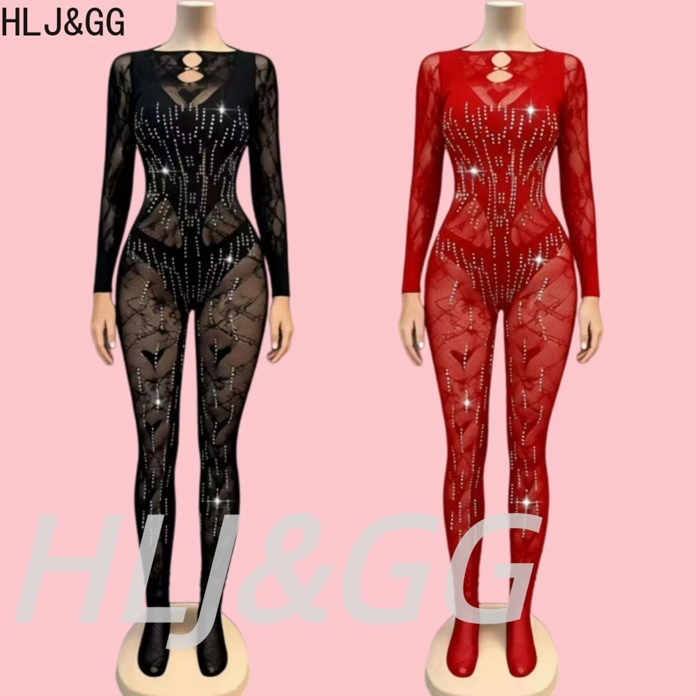 HLJ&GG Sexy Diamond Stretchy Bodycon One Piece Jumpsuits Women Round Neck Long Sleeve Slim Playsuits Fashion Party Club Overalls