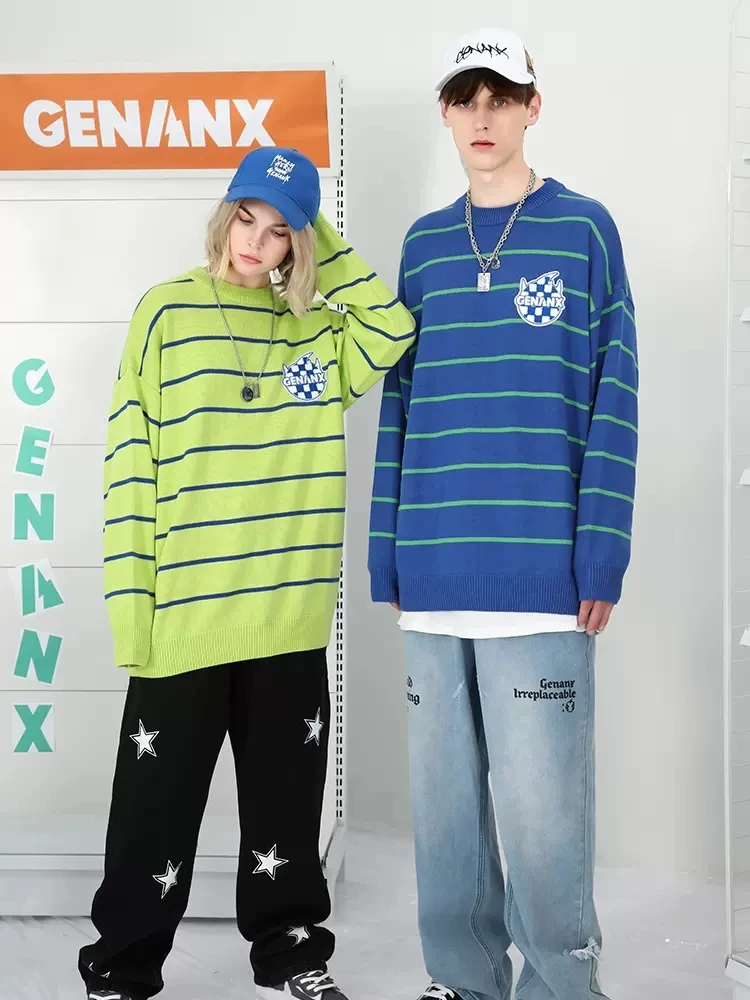 Genanx Retro Men's Knitted Sweater Vintage Chboard Striped Knitwear Couple's Casual Loose Fit round Ne Long Sve