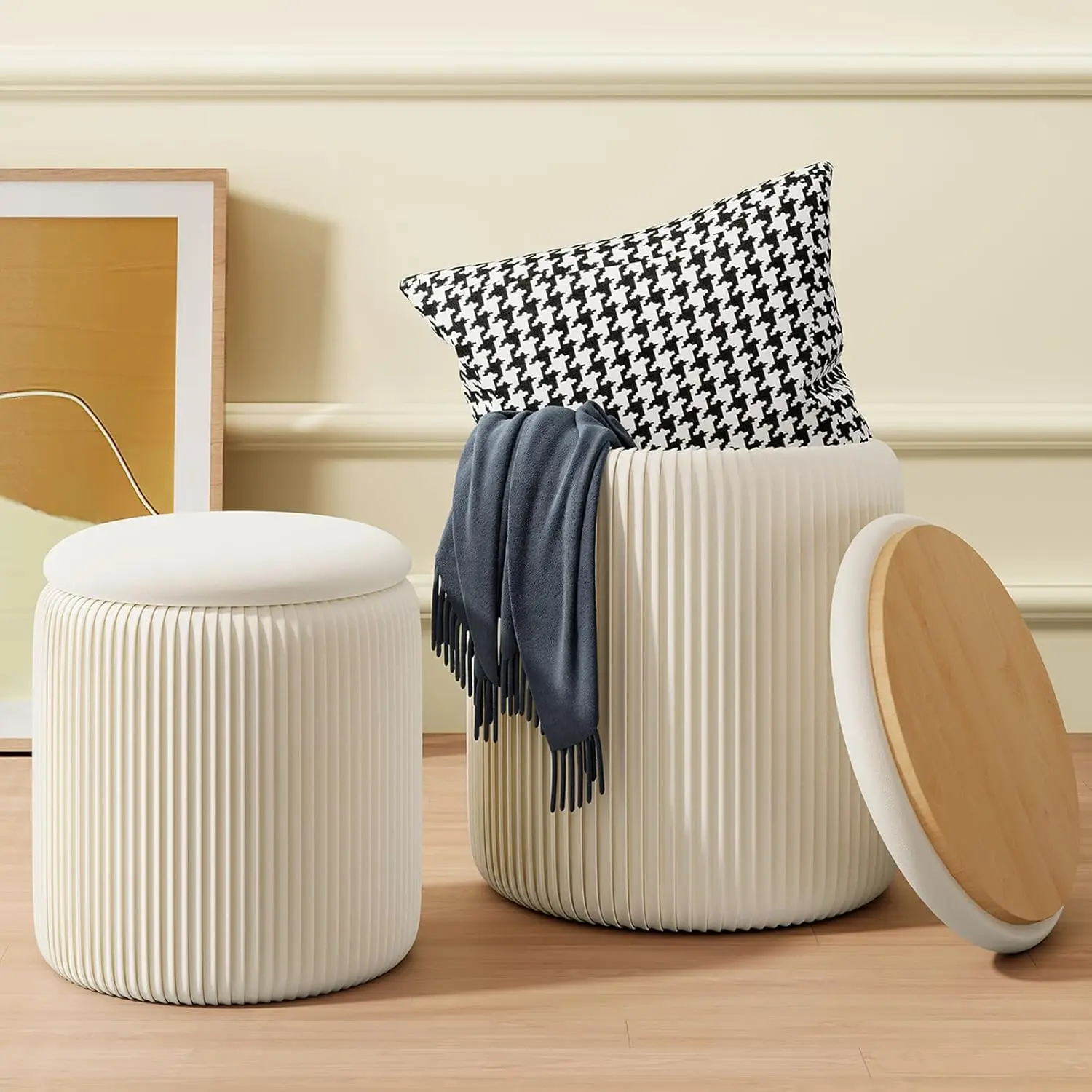 

Round Ottoman With Storage Set Of 2, White Vanity Stool, Upholstered Velvet Storage Ottomans, Makeup Chair Seat For Bedroom,