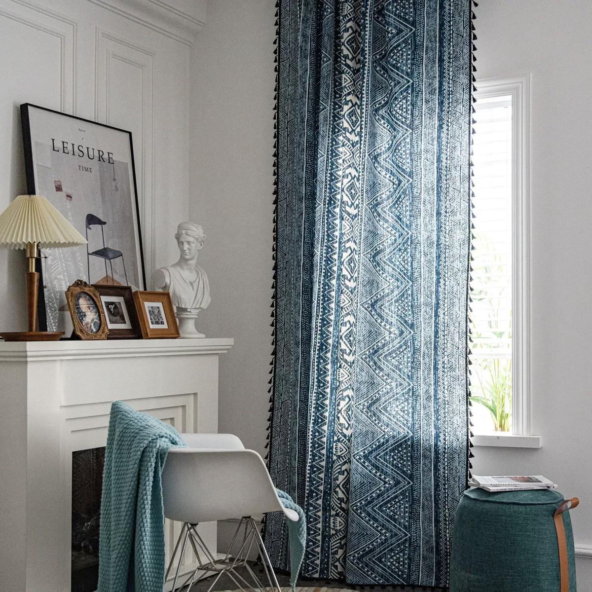 Blue geometric printed window curtains for home decor semi-blackout fabric curtain