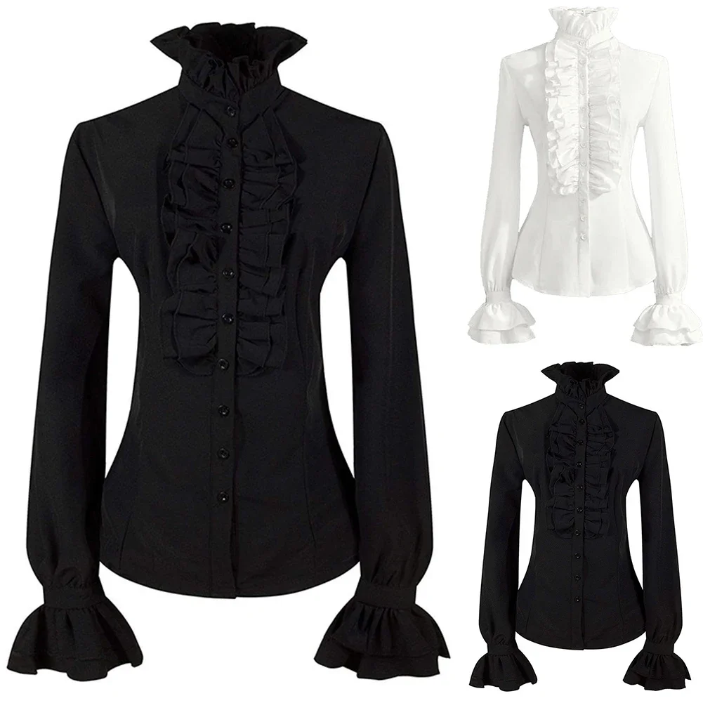 New Women Autumn Long Sleeved Victorian Steampunk Button Blouse Vintage Shirt High Neck Solid Gothic Ruffle Sleeve Top Shirts