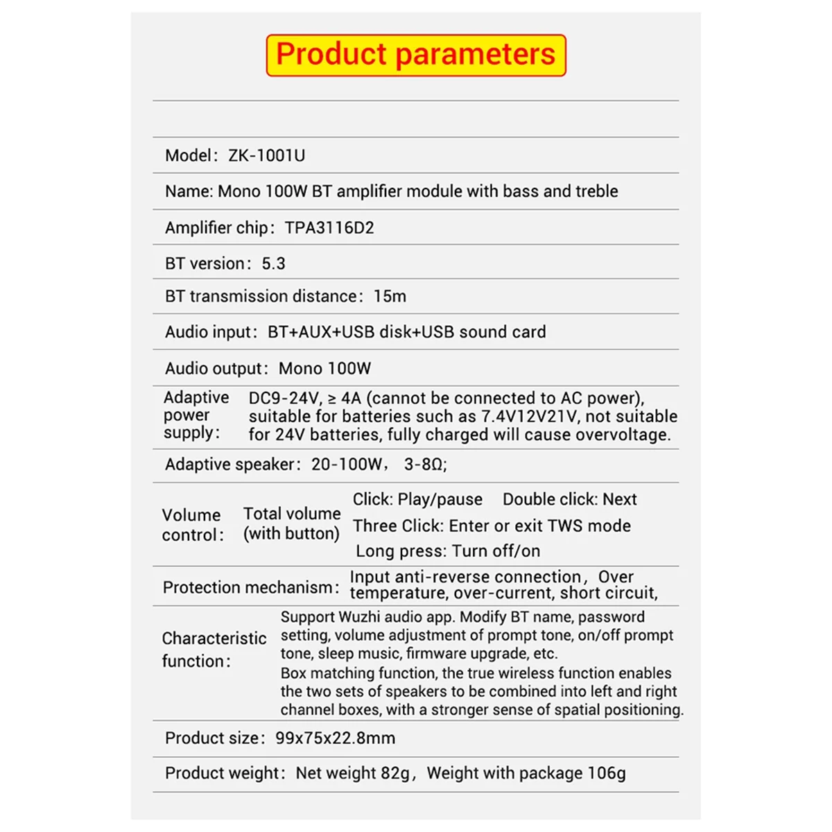 A03V ZK-1001U avec Boost Mono 100W carte amplificateur Bluetooth tonalité haute et basse TWS haut-parleur extérieur bricolage TPA3116