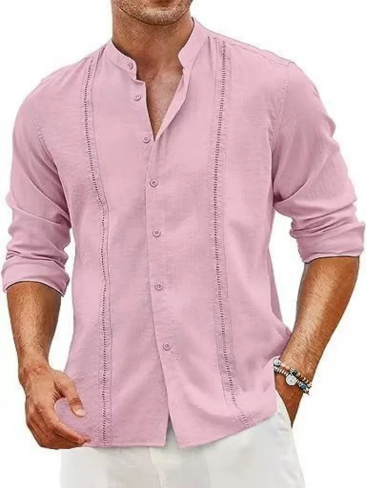 

Men's Cuban-style casual button-down shirt with a stand-up collar, made of cotton and linen, for summer beach vacation wear.
