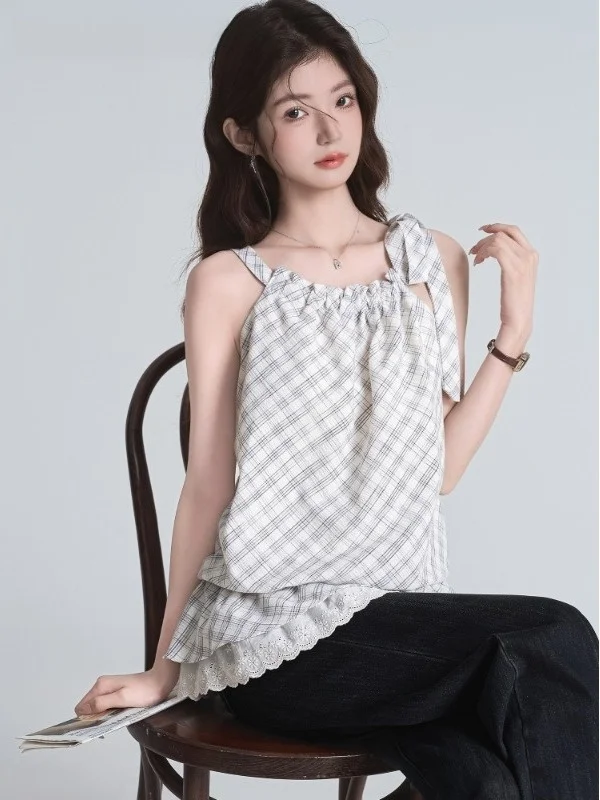 

plus Size 300 Pounds Women's Lace Trim Hem Strap Vest Summer Fashionable Small Top Korean Style Loose Fit No Sleeve