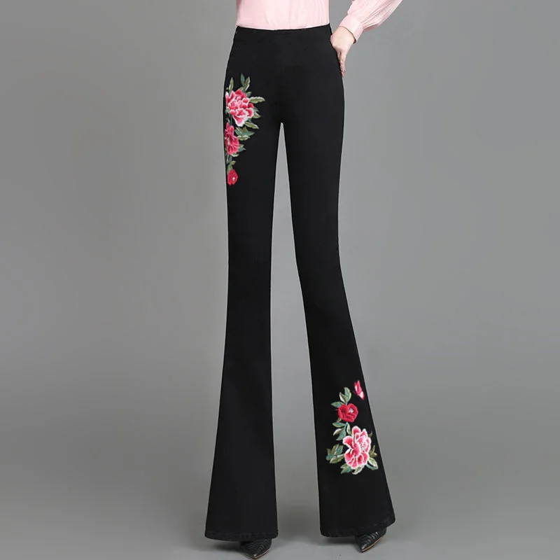 Retro Drooping Slightly Flared Women's Summer 2026 New Black High Waisted Slim Fit Commuting Versatile Casual Embroidered Pants